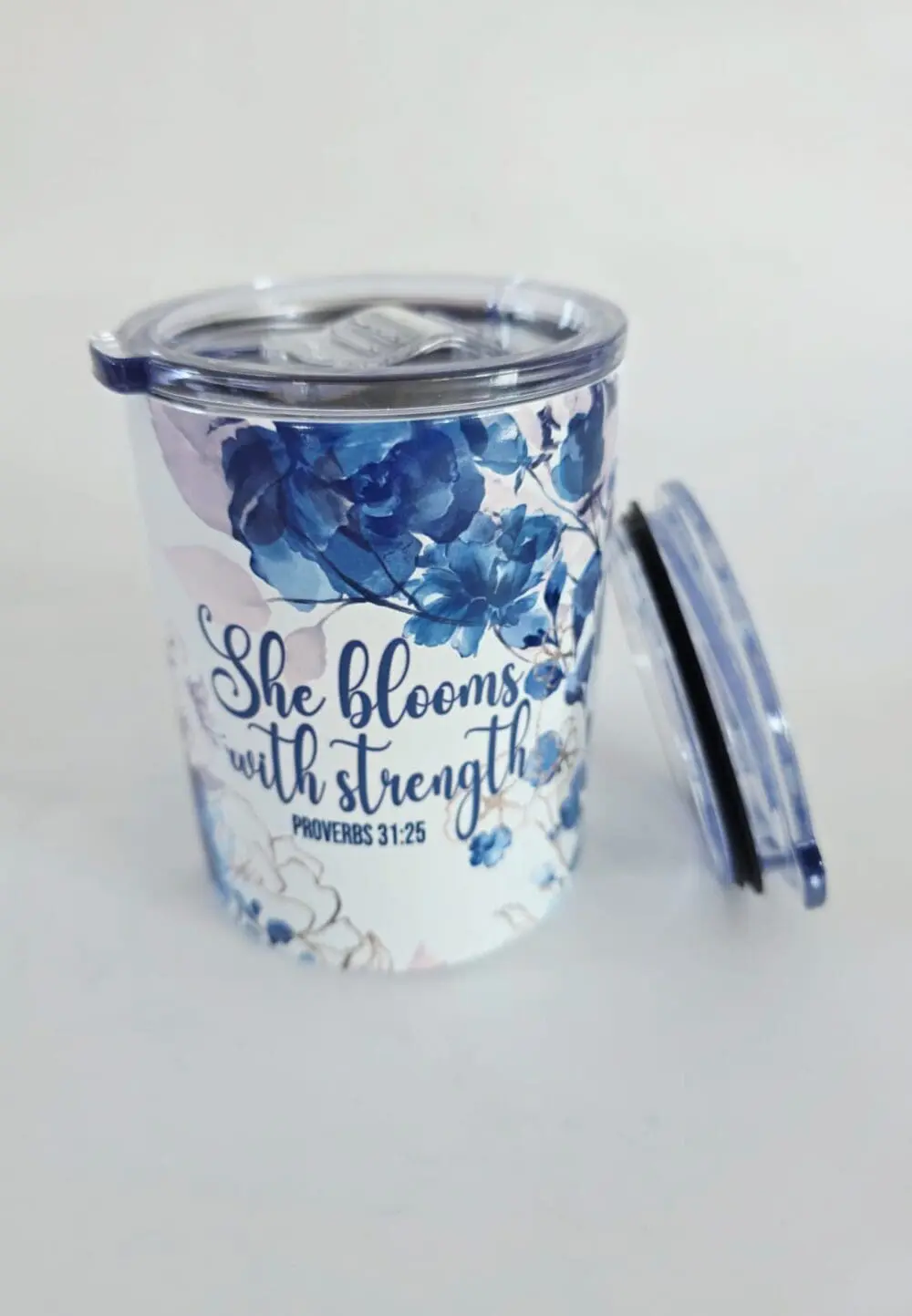 Stregnth10ozTumbler11 Personalised Gifting : 12oz Tumbler Double Inner Walled & Vacuumed with theme full wrap floral print with "She Blooms with Strength Proverbs 31:25"