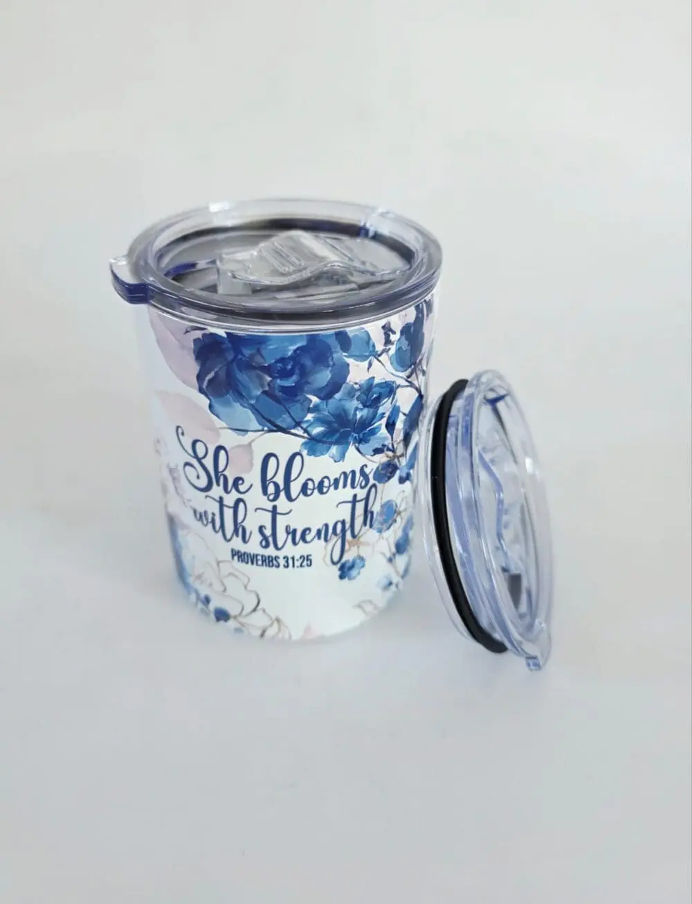 Stregnth10ozTumbler9 Personalised Gifting : 12oz Tumbler Double Inner Walled & Vacuumed with theme full wrap floral print with "She Blooms with Strength Proverbs 31:25"