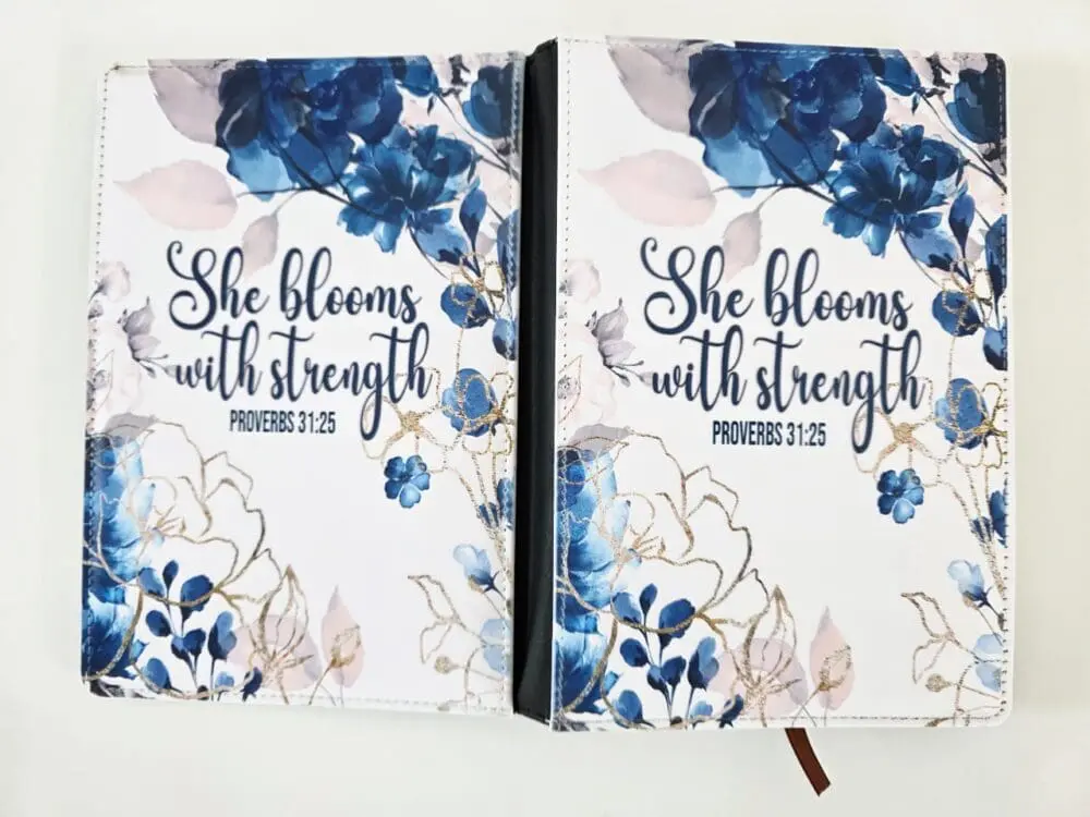 StregnthNotebookA53 Personalised Gifting : A5 PU Leather Note book with theme floral print with "She Blooms with Strength Proverbs 31:25"