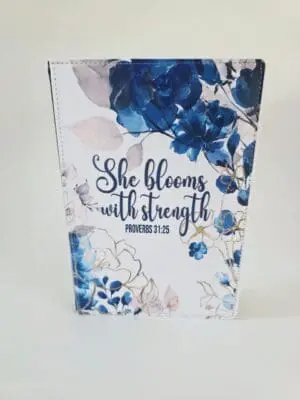 StregnthNotebookA54 Personalised Gifting : A5 PU Leather Note book with theme floral print with "She Blooms with Strength Proverbs 31:25"