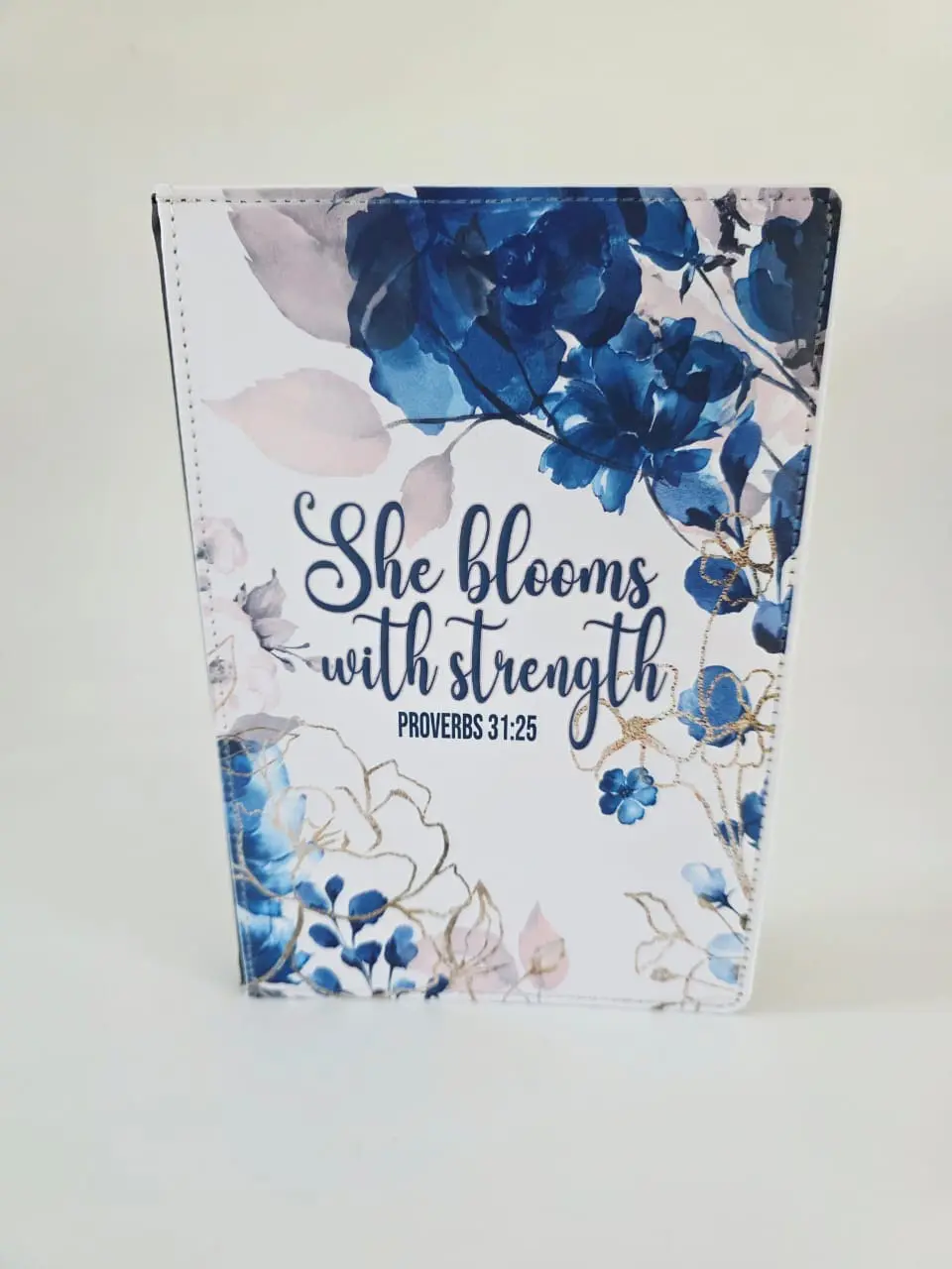 StregnthNotebookA54 Personalised Gifting : A5 PU Leather Note book with theme floral print with "She Blooms with Strength Proverbs 31:25"