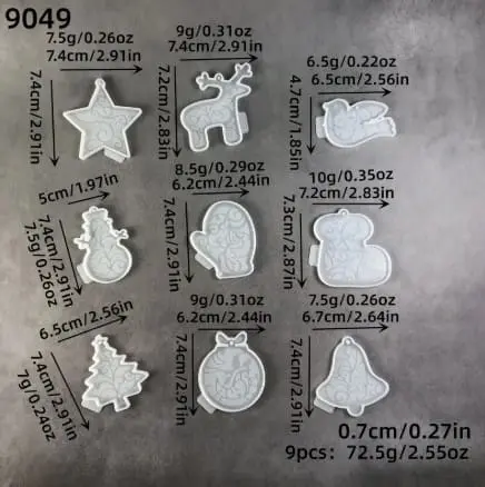 Hanging Christmas Ornaments - Set of 9 (Hang_Orn_9Pc) 3 Silicone Mould : Hanging Christmas Ornaments - Set of 9 (Hang_Orn_9Pc)