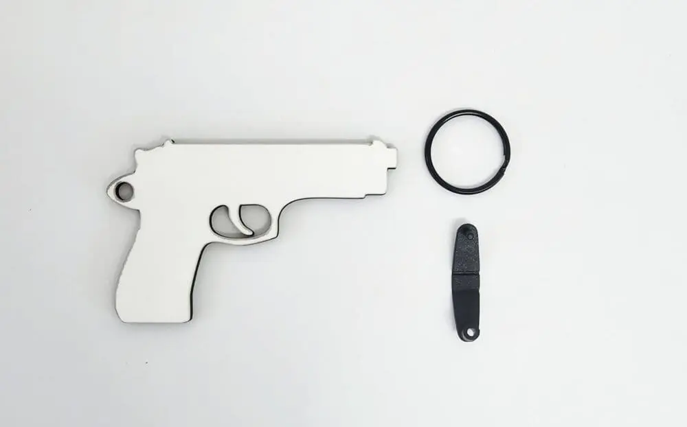 MDF Gun keychain 1 Laser Sublimation MDF Shapes : 3 or 5mm Sublimation MDF Gun (Single or Double Sided)+ with split keyring & clip