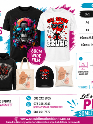DTF for Textile : Customise your own : A4, A3, 60cm by 50cm & 60cm by 1mtr