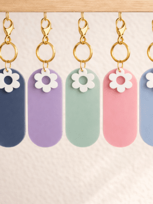 All Colours_keychain Laser Acrylic Shapes : Pastel Acrylic Range : Blank Oval Keychain with White Flower Charm