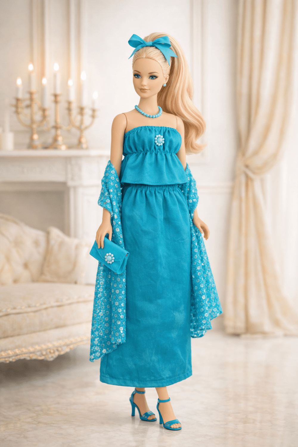 Goosey's Homemade Doll Fashion : Evening Turquoise Glam Set (EVN_1) (Locally crafted. Community‑supporting)