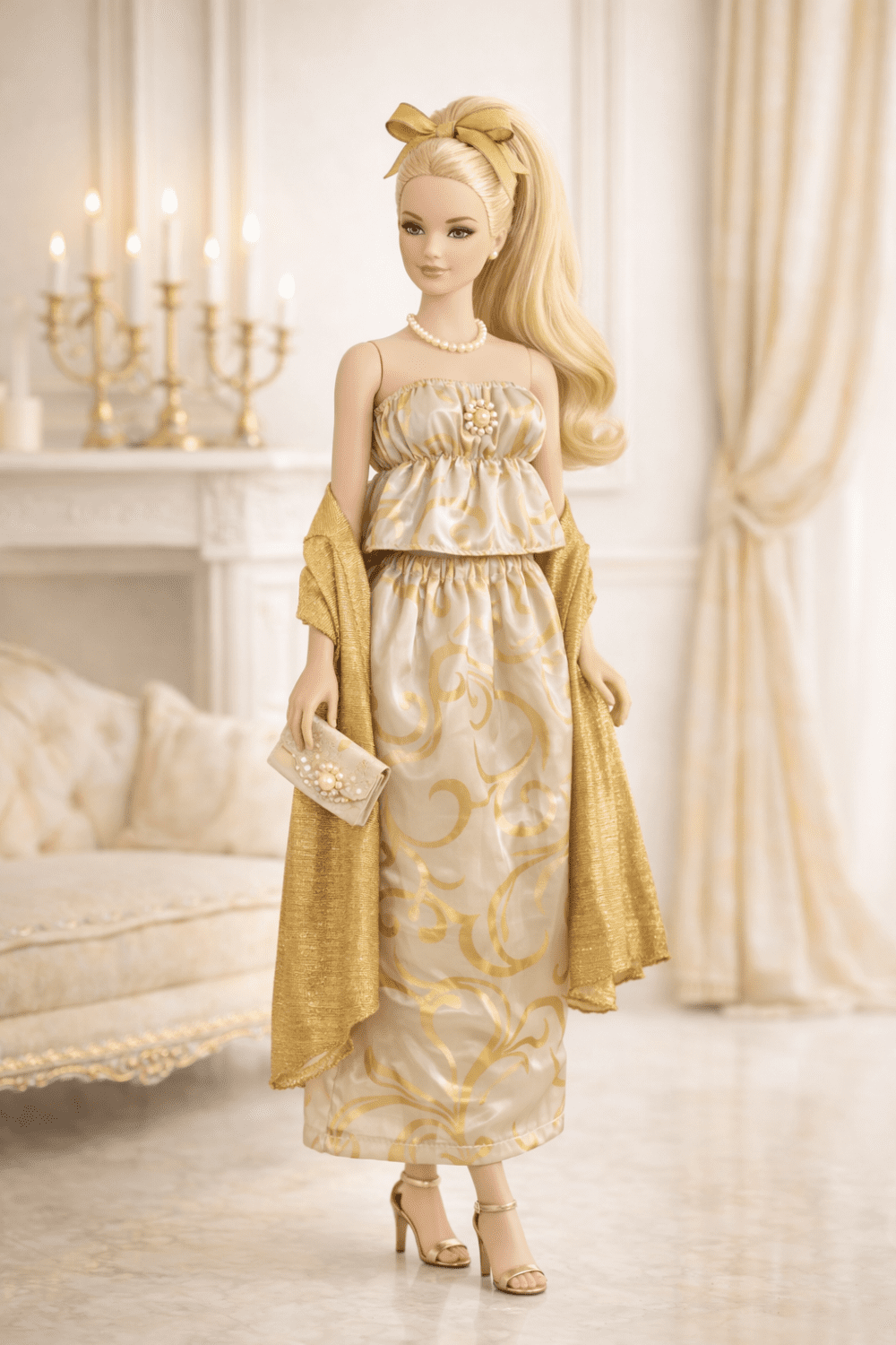 Goosey's Homemade Doll Fashion : Evening Gold Elegance Glam Set (EVN_4) (Locally crafted. Community‑supporting)