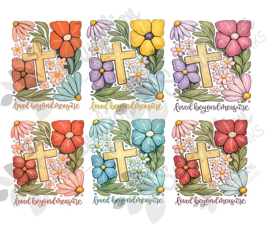 LBM_ALL_ThumnailWM Sublimation Transfer : A4 Sublimation Transfer “Loved Beyond Measure” Floral Christian Cross Design (LBM_SUB) – 6 Different Colour Variants