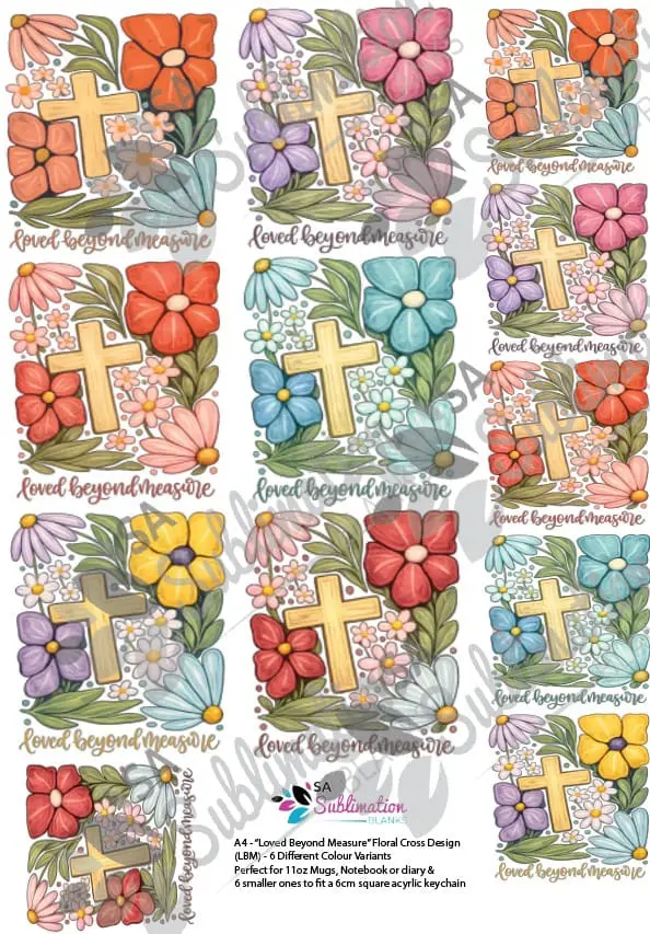 3D UV Stickers : DIY Decal Kit A4 “Loved Beyond Measure” Floral Christian Cross Design (LBM) - We Print, You Stick & Seal
