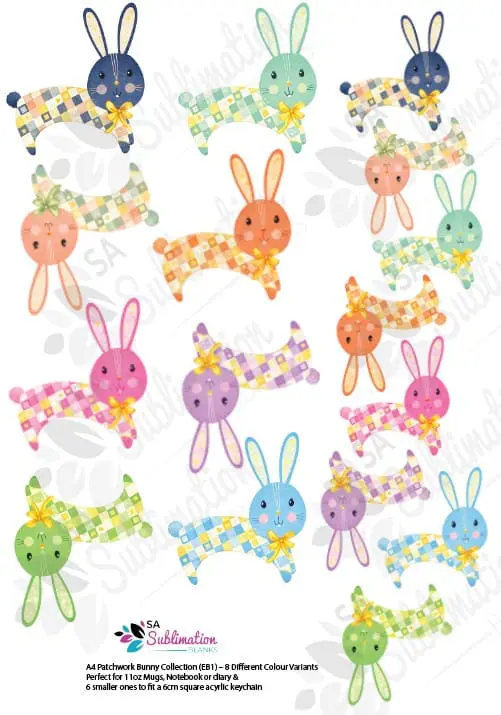 3D UV Stickers : A4 Patchwork Bunny Collection (EB1) – 8 Different Colour Variants