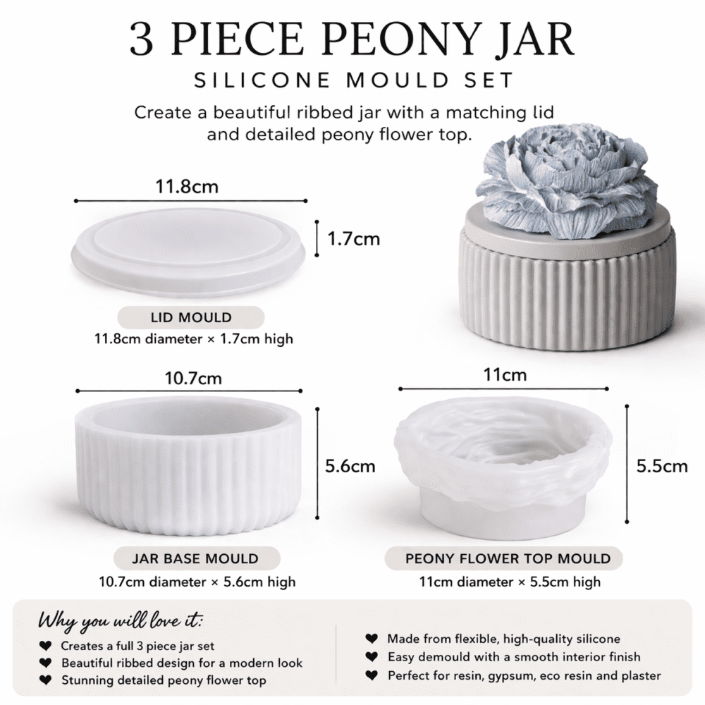 Silicone Mould : 3 Piece Striped Candle Jar + Peony Flower Silicone Mould Set (PFS)