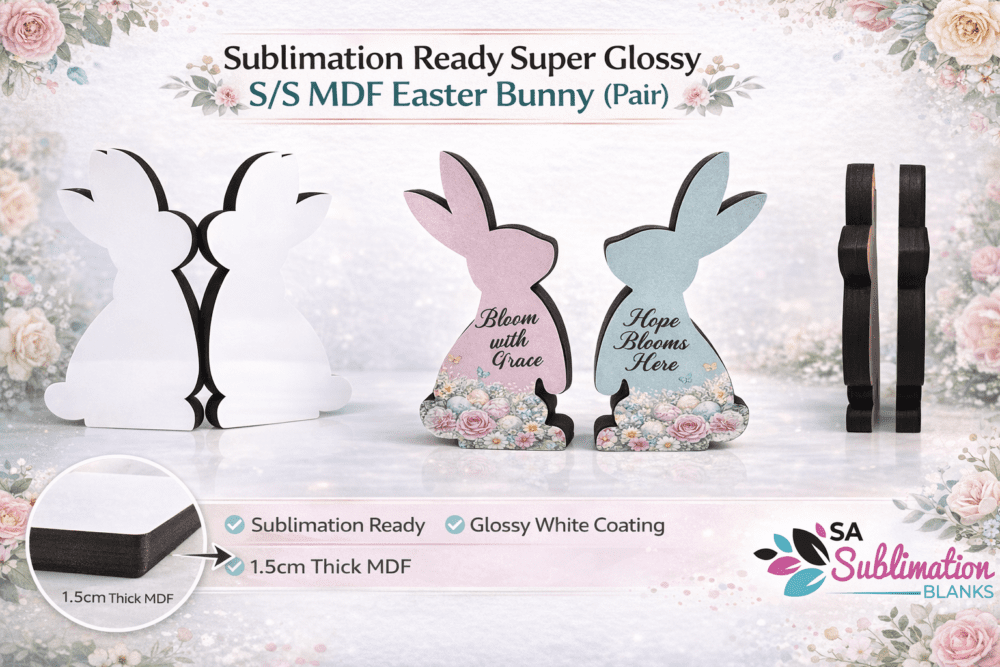 EasterBunniesCard Sublimation Blanks : Sublimation‑Ready Glossy White MDF Easter Bunny Pair – 1.5 cm Thick