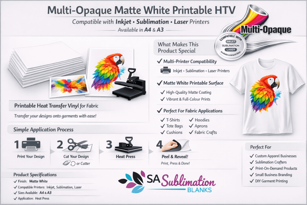 Printable HTV : Multi-Opaque Matte White Printable HTV for Inkjet, Sublimation & Laser Printers (A4 & A3)