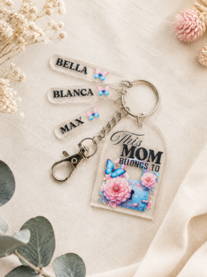 UV Direct Print : This Mom Belongs to Floral Butterfly Themed Keychain+ Silver Lobster
