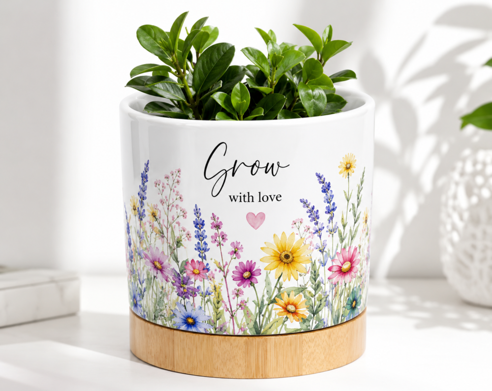 White Flower Pot With Wooden Inside Base (ZZ) ILS Sublimation Blanks : White Flower Pot With Wooden Base (ZZ)