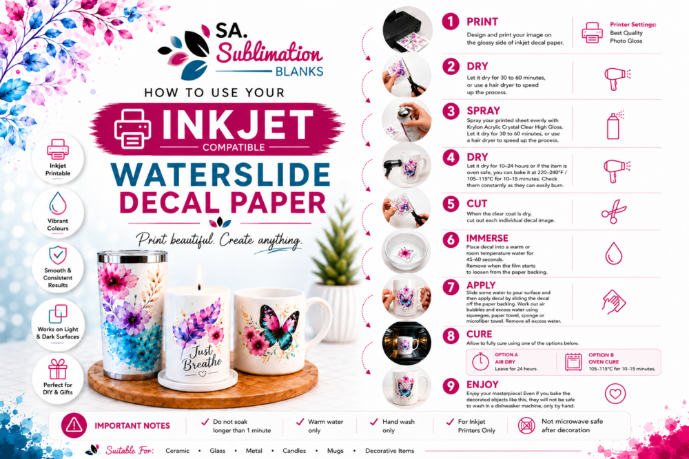 Sublimation Blanks : Waterslide Paper Decal for INKJET (White & Clear, Pack of 5)