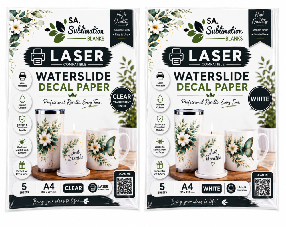 Sublimation Blanks : Waterslide Transfer Paper Decal for LASER (White & Clear, Pack of 5)