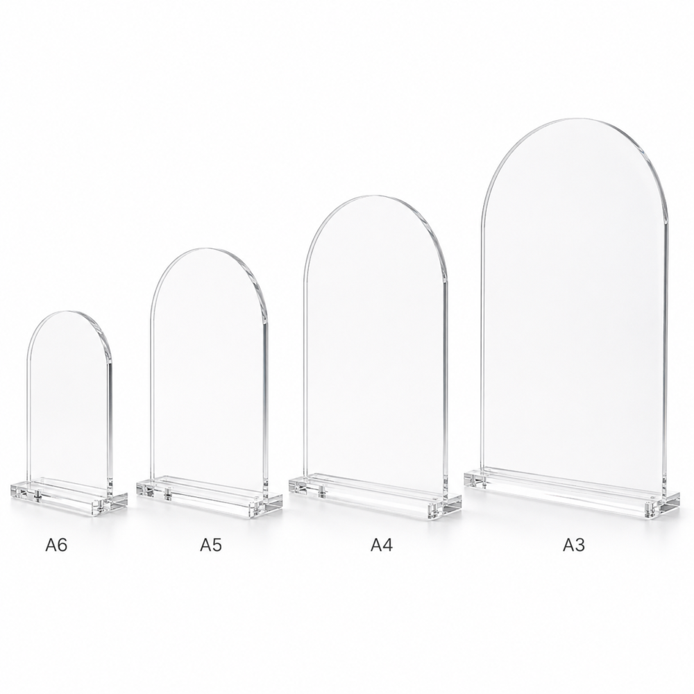 ArchedBoards_WithStand Laser Blanks : 3mm CLEAR Acrylic Arched Boards with lip & 5mm Clear Acrylic Stand (A6, A5, A4, A3)