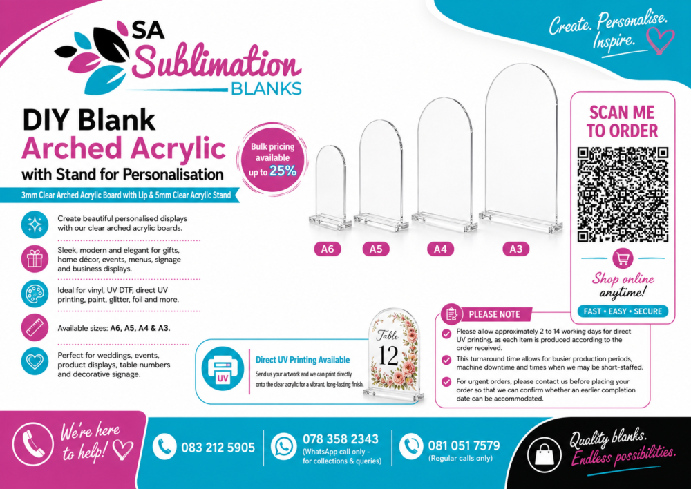 ArchedBoards_WithStand_Flyer Laser Blanks : 3mm CLEAR Acrylic Arched Boards with lip & 5mm Clear Acrylic Stand (A6, A5, A4, A3)