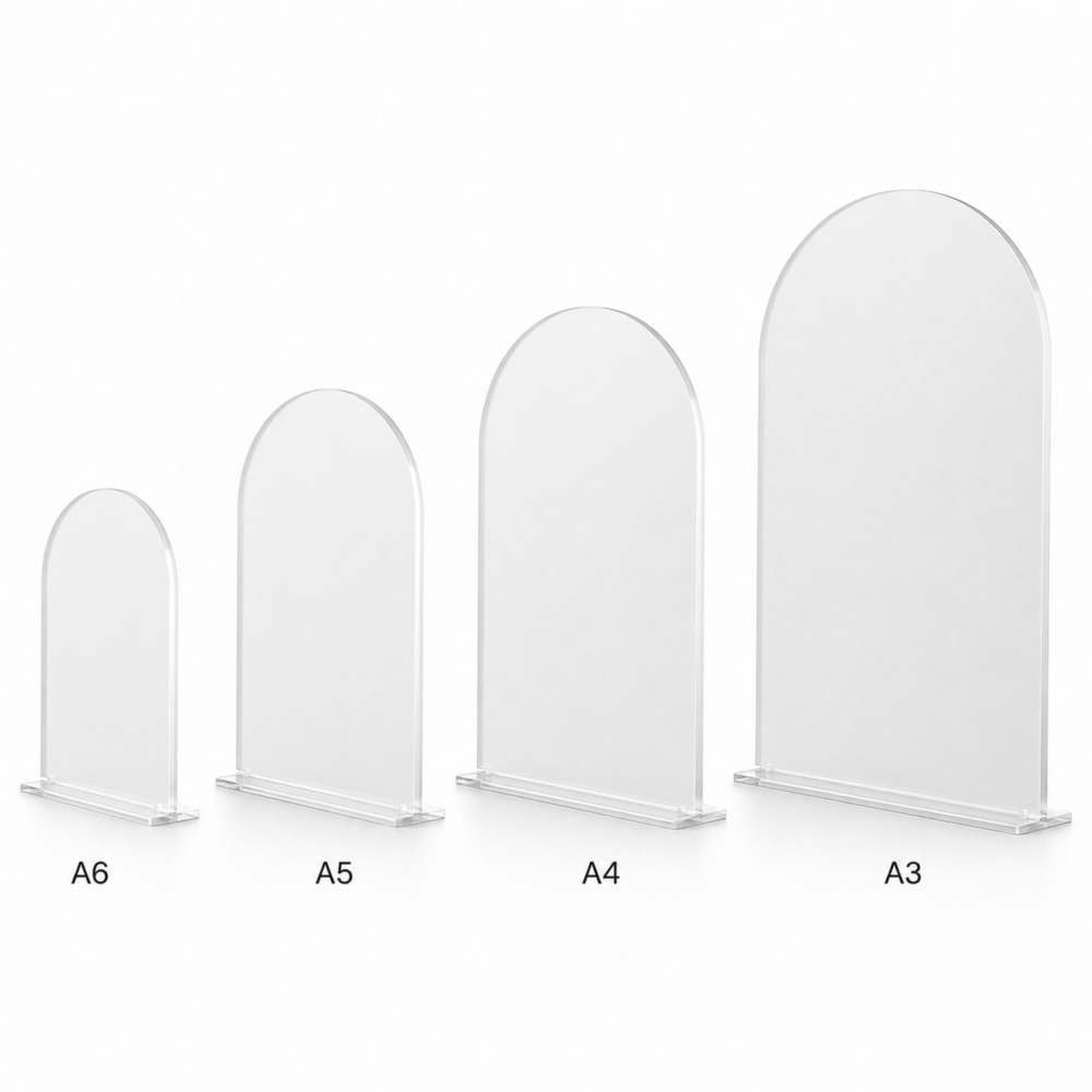ForstedSS_ArchedBoards_WithStand Laser Blanks : 3mm FORSTED S/S Acrylic Arched Boards with lip & 3mm Stand (A6, A5, A4, A3)