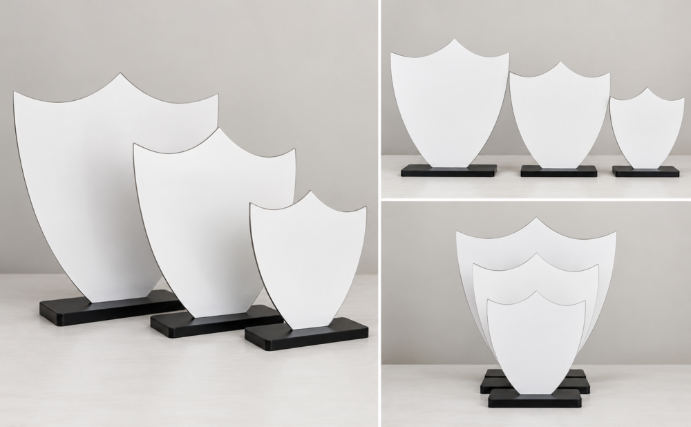 Laser Sublimation Blanks : 3mm S/S Super Glossy Sublimation MDF Double-Scalloped Shield Award (Small, Medium & Large)