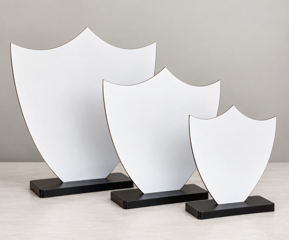 Laser Sublimation Blanks : 3mm S/S Super Glossy Sublimation MDF Double-Scalloped Shield Award (Small, Medium & Large)