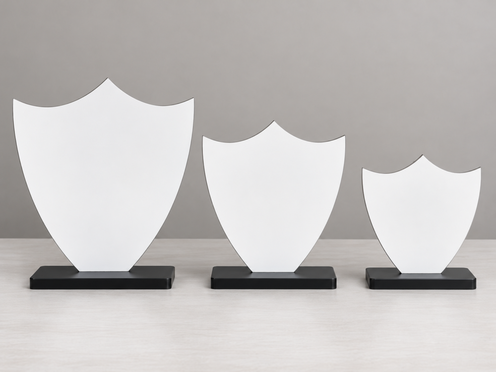 Laser Sublimation Blanks : 3mm S/S Super Glossy Sublimation MDF Double-Scalloped Shield Award (Small, Medium & Large)