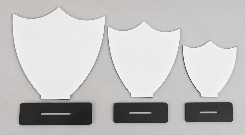 Laser Sublimation Blanks : 3mm S/S Super Glossy Sublimation MDF Double-Scalloped Shield Award (Small, Medium & Large)