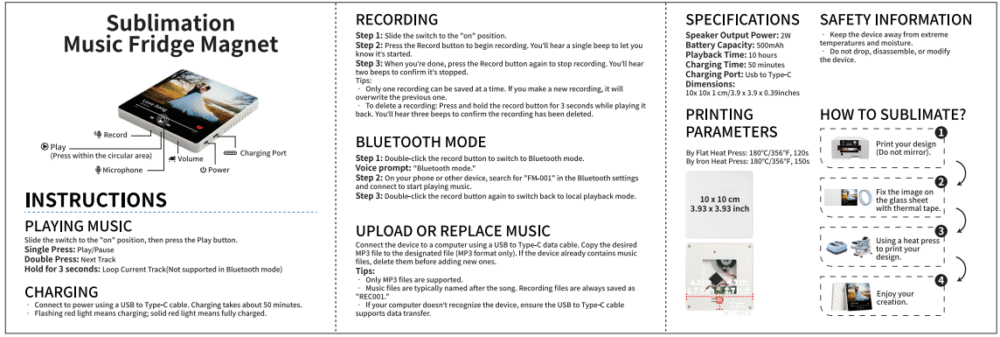Sublimation Blanks : USB Bluetooth Black Blank Glass Music Fridge Magnet