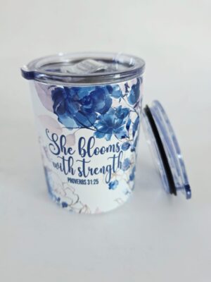 Personalised Gifting : 12oz Tumbler Double Inner Walled & Vacuumed with theme full wrap floral print with "She Blooms with Strength Proverbs 31:25"